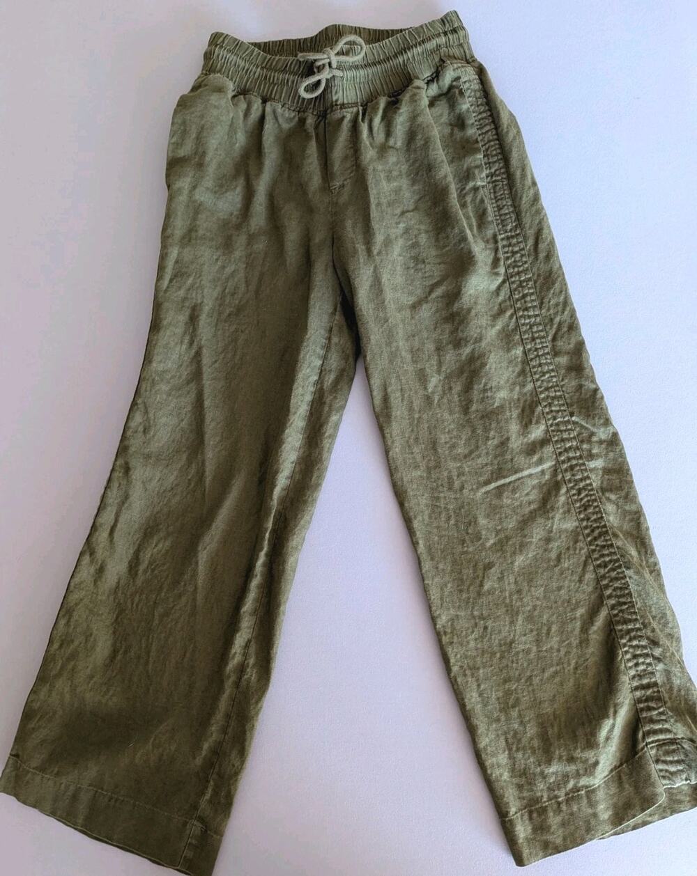 Quince Small 100% Linen Wide Leg Pants Drawstring Martini Olive Green Coastal